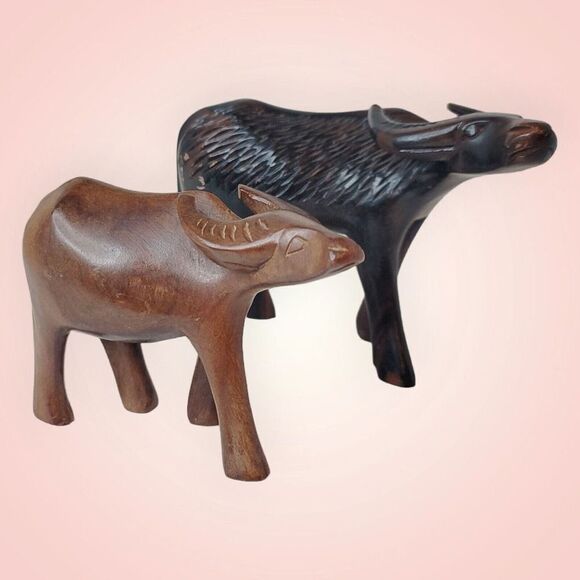 Pair of Vintage Hand Carved ebony teak buffalo 2 sizes mother and calf - Picture 1 of 13
